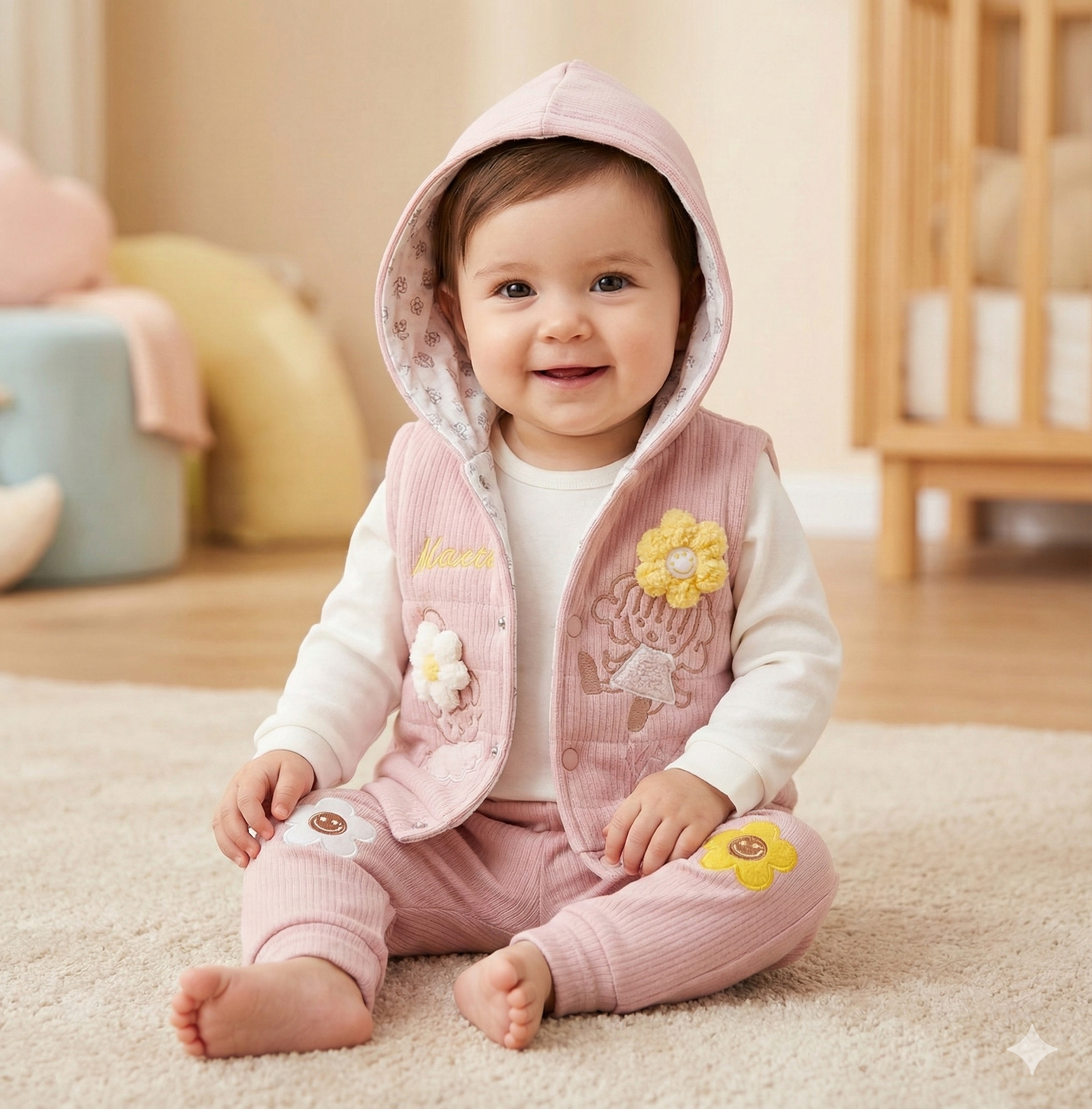 Çiçek Detaylı Yelekli Kız Bebek Takım