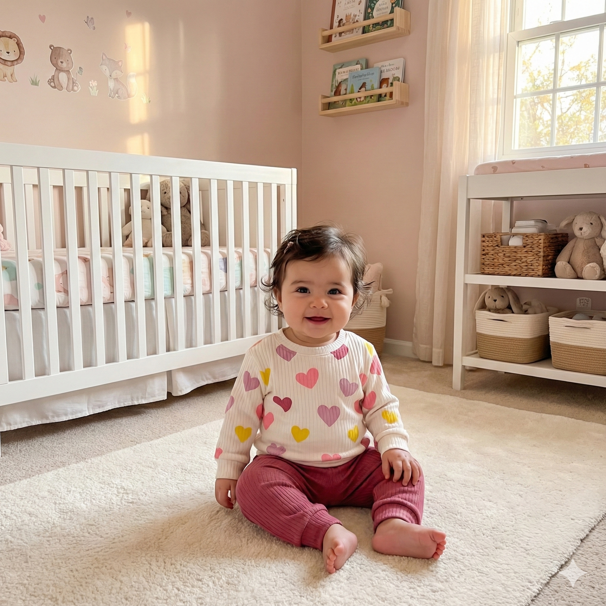 Kalp Baskılı Ribana Kumaş Kız Bebek Takım