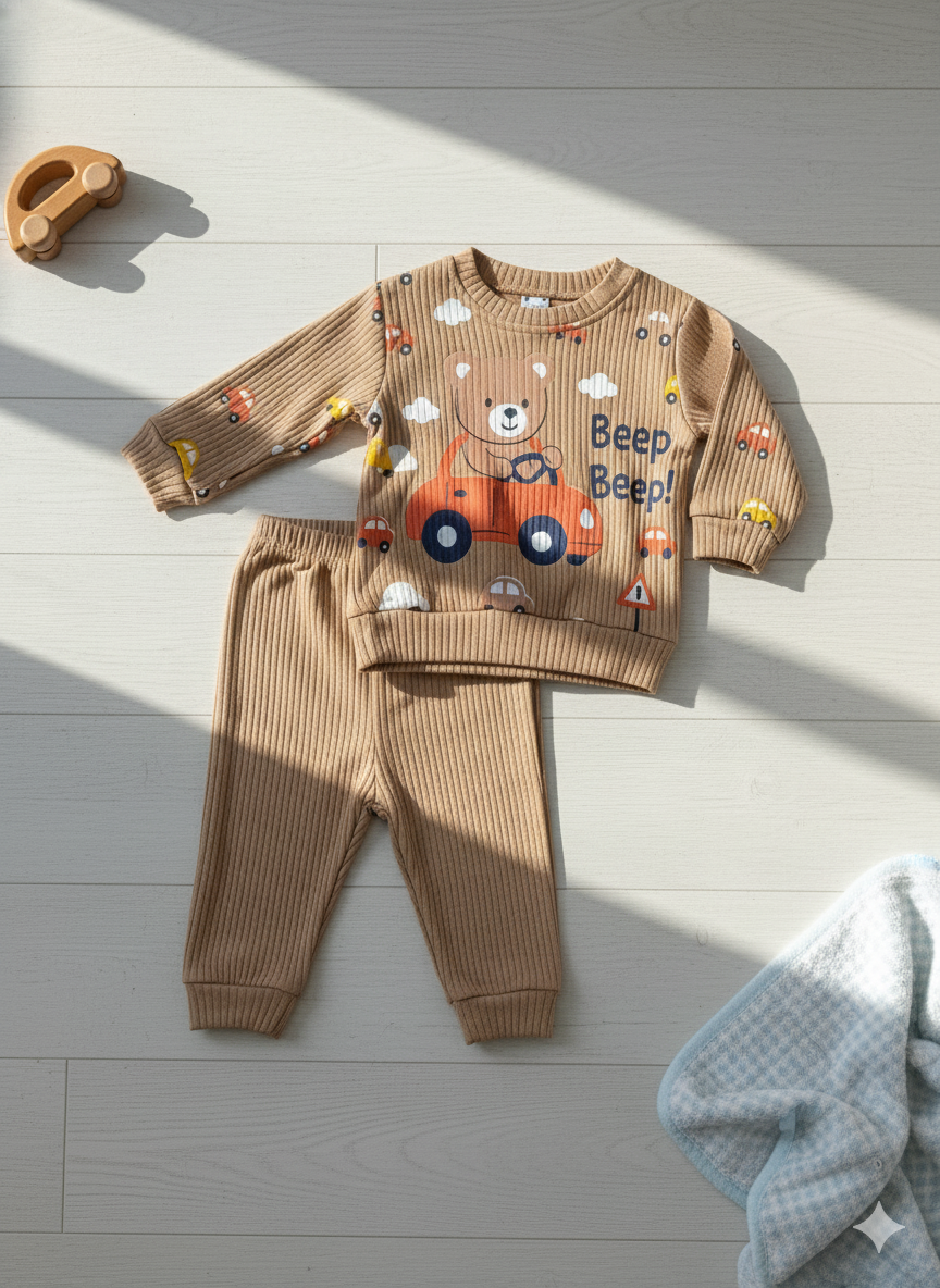 Araba Figürlü Kahverengi Erkek Bebek Takım
