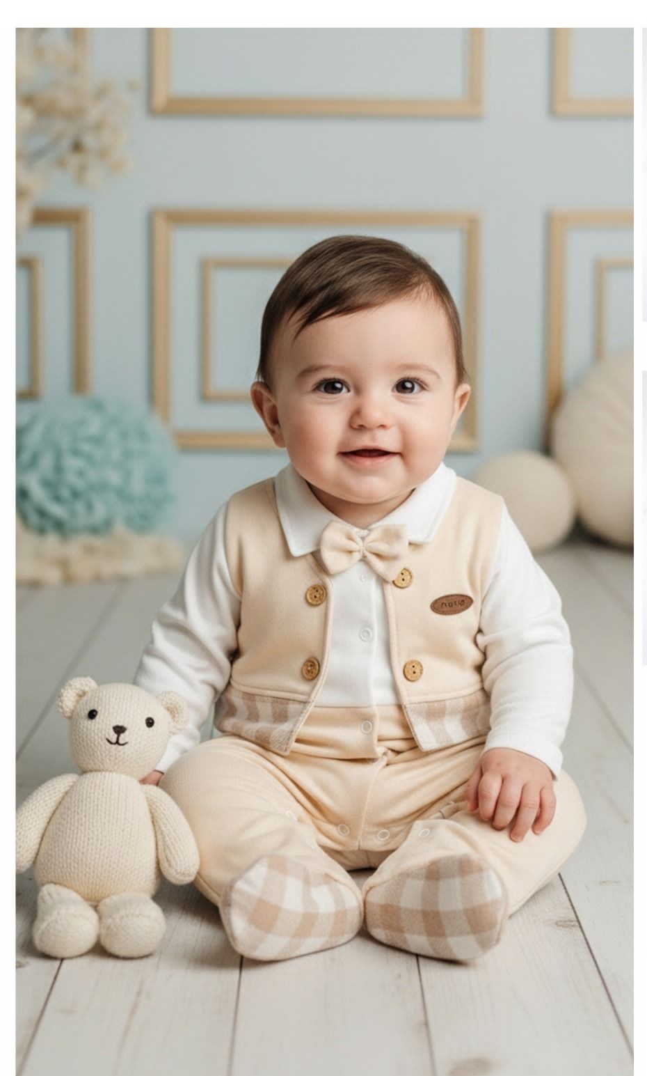 Mono Baby Erkek Bebek Krem Papyonlu Şık Tulum