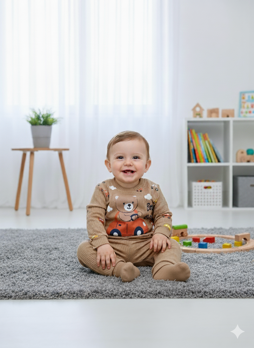 Araba Figürlü Kahverengi Erkek Bebek Takım