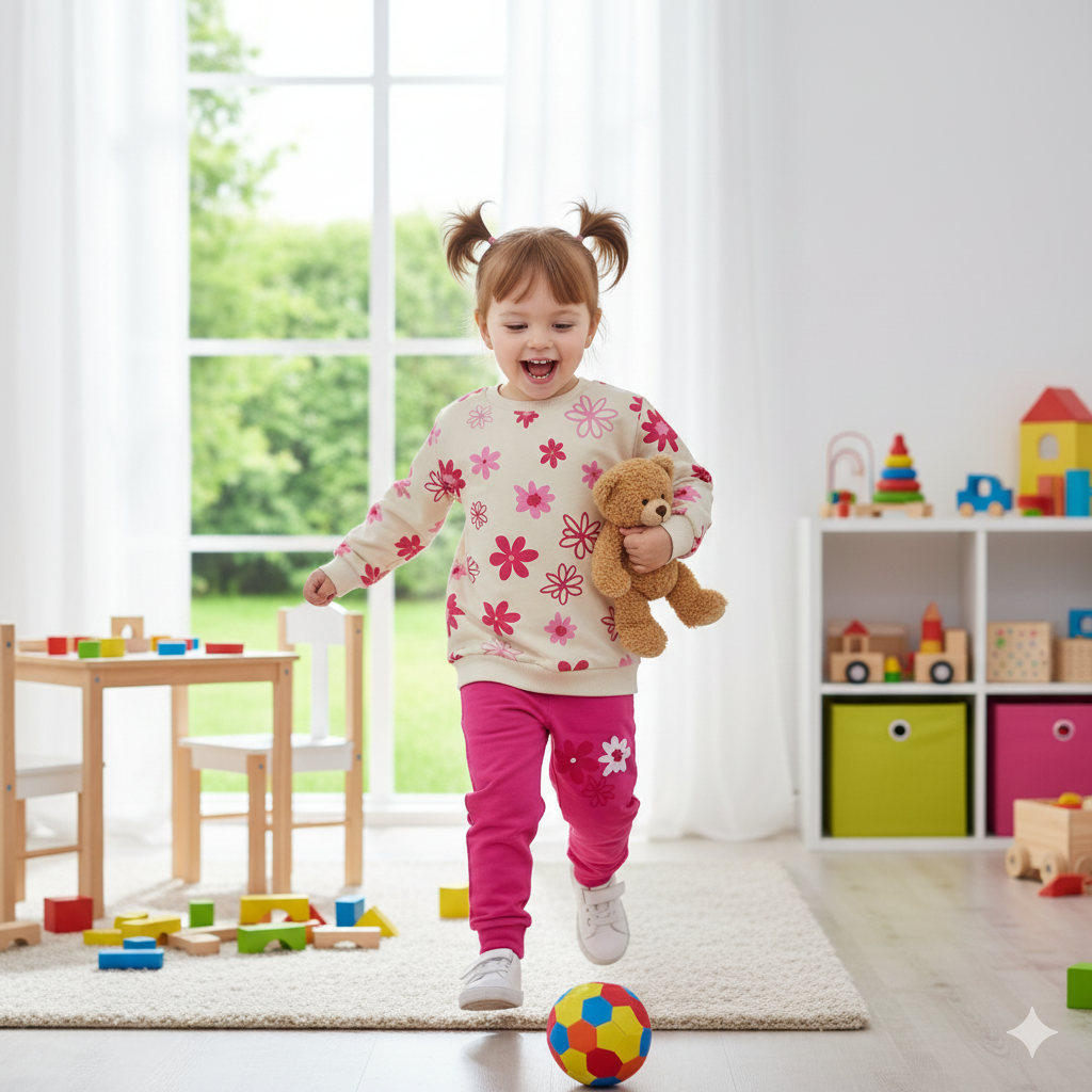 Çiçek Basklı Pembe Kız Takım